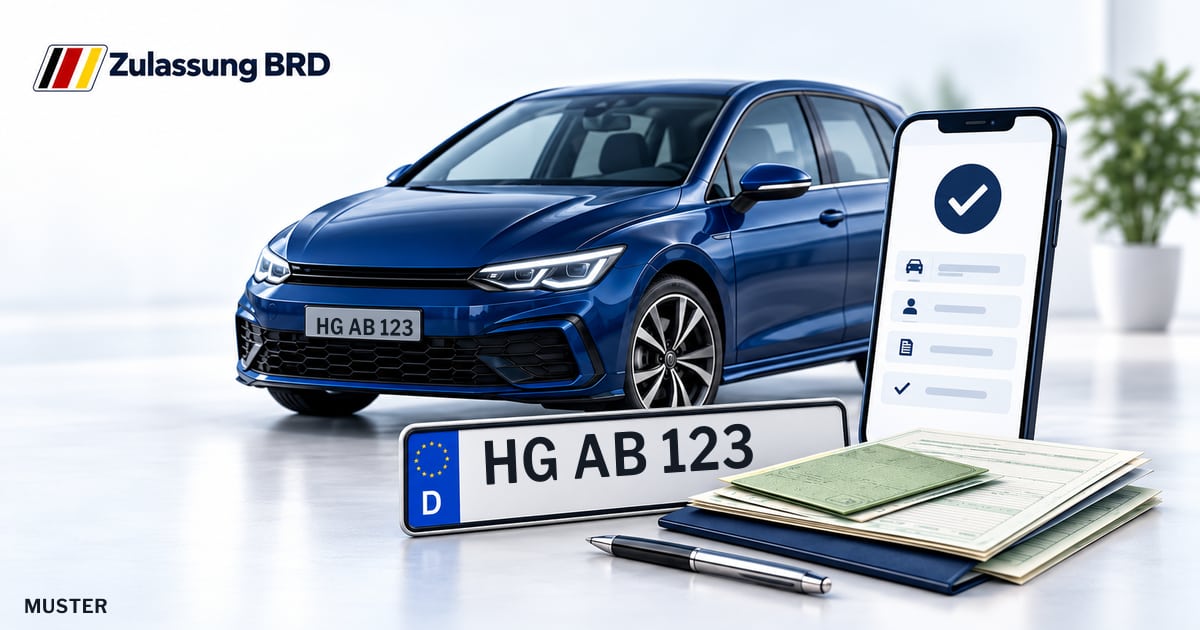 Online Fahrzeugzulassung in Neu-Anspach: Musterkennzeichen HG AB 123, Auto und Fahrzeugpapiere und Smartphone. Illustration mit Logo von Zulassung BRD.